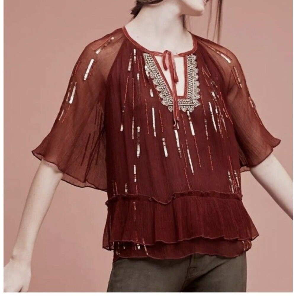 Floreat Wine Red Beaded Sheer Peasant Blouse